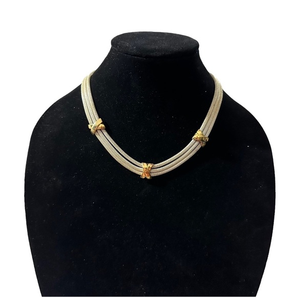 Vtg Unsigned Alice Caviness Gold Tone 3 Strand Mesh Rope Necklace X Bars 15-18” - Picture 10 of 10